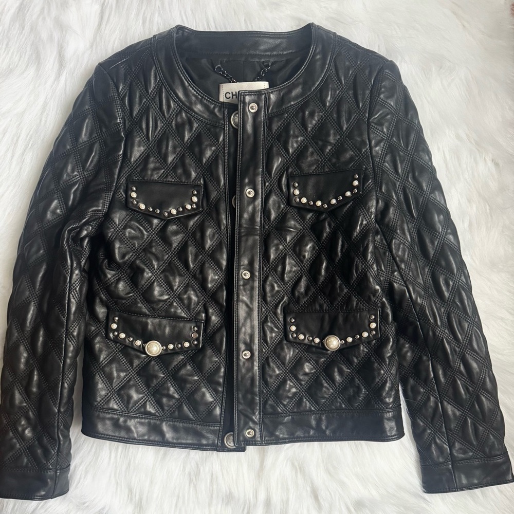 CHANEL Black Quilted Leather Jacket with Pearl Accents
